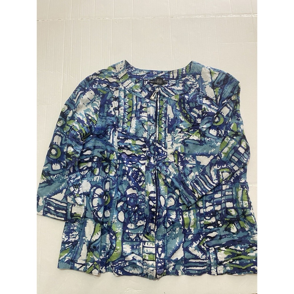 Mirror Image Women's Size 1X‎ Blue Multi Color Geometric Print Full Zip Shirt